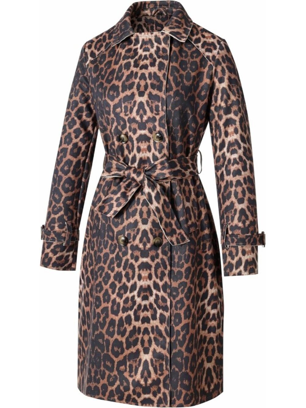 Women's Leopard Polyester Long Sleeve Classic Cuffs Pockets Trench Coat Jackets - Picture 5 of 7